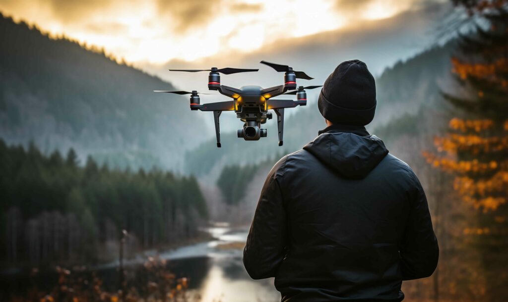 man flying drone across lake